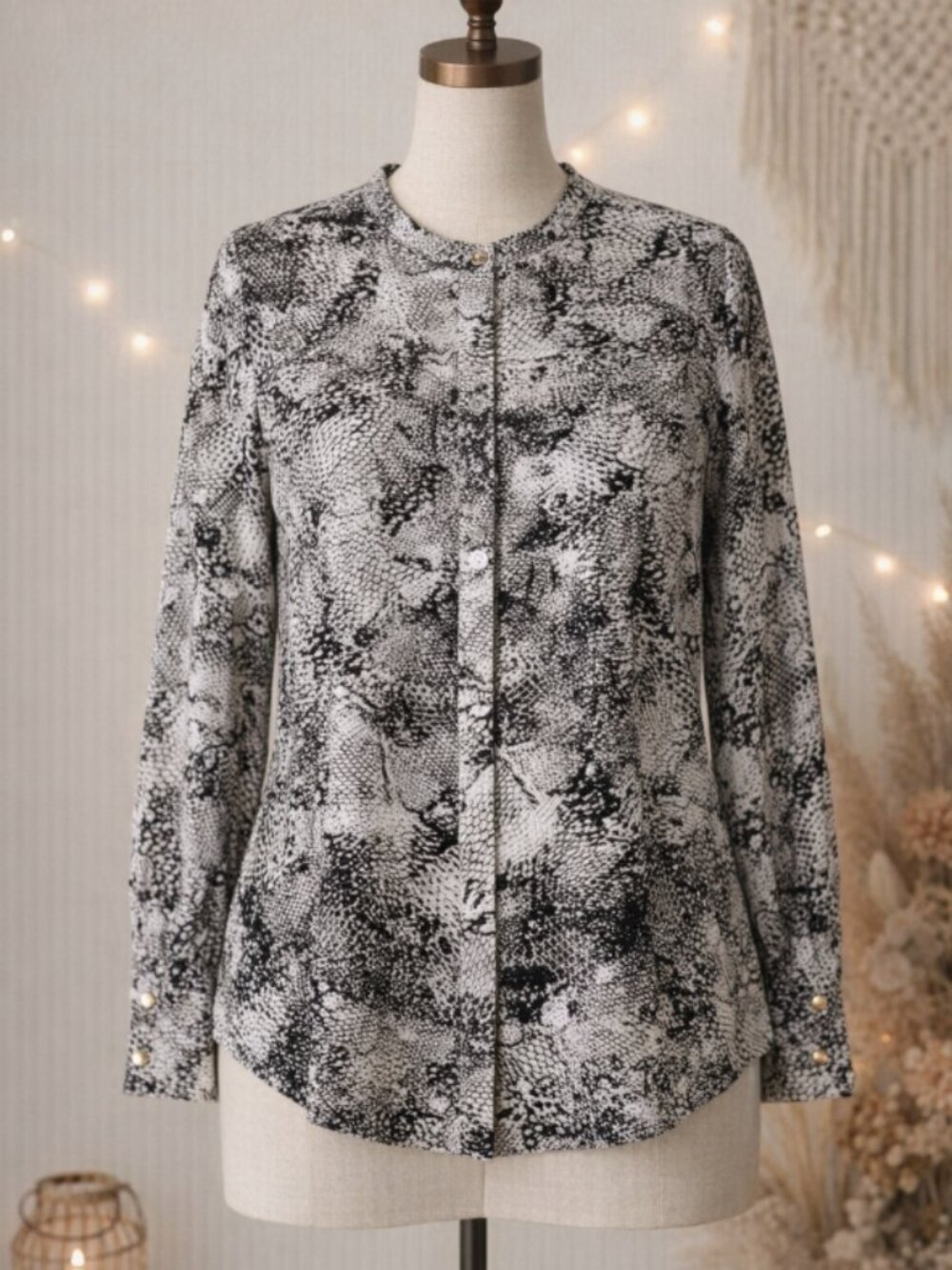 Vintage 90s Dana Buchman Snake Print Stretch Blouse M Glam Rock Quiet Luxury Y2K